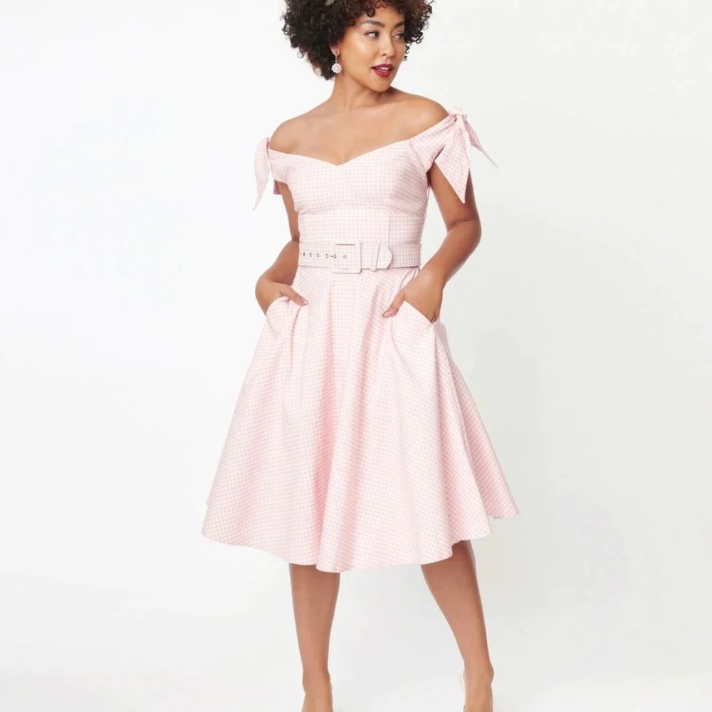 Unique Vintage Pink and White Gingham Prairie Swing Dress 💝 - Size 4 (S)